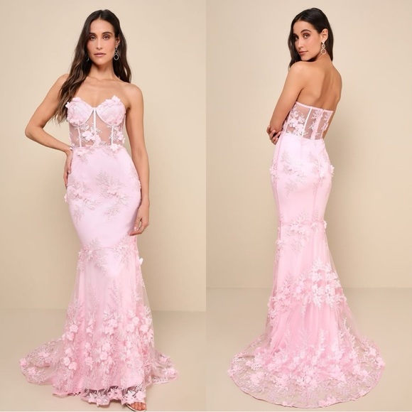 Sz L NWOT Lulus Radiant‎ Expectations Pink Embroidered Floral Bustier Maxi Dress - Picture 1 of 6